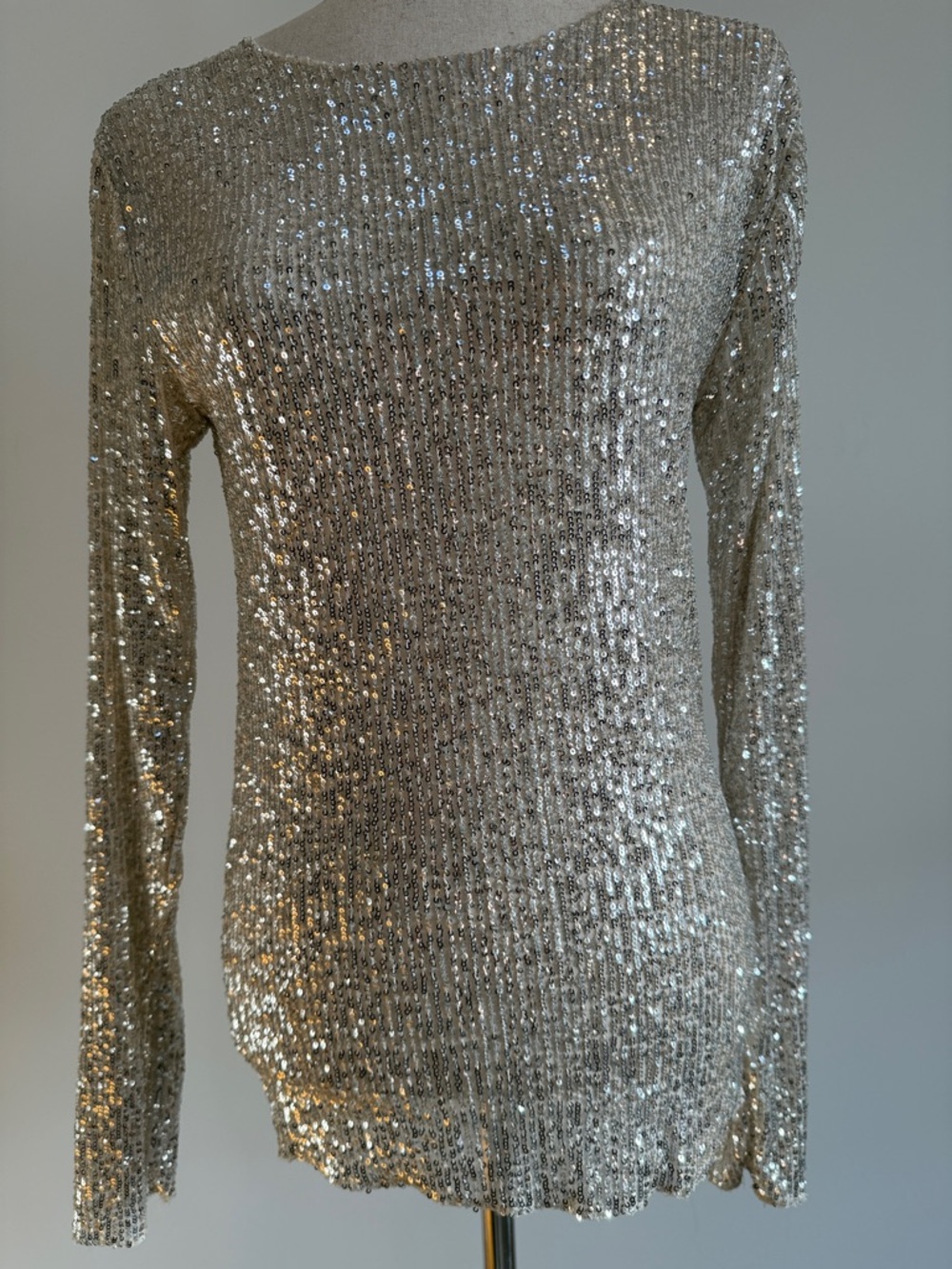 Free People Silver Sequin Long Sleeve Crewneck Pullover
